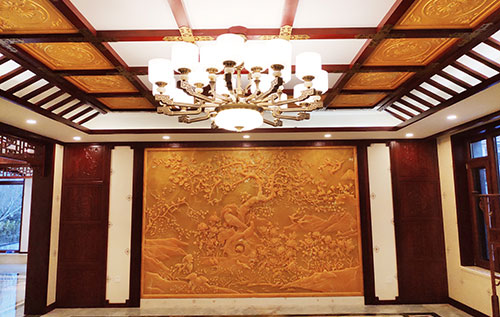 门头沟中式别墅客厅中式木作横梁吊顶装饰展示